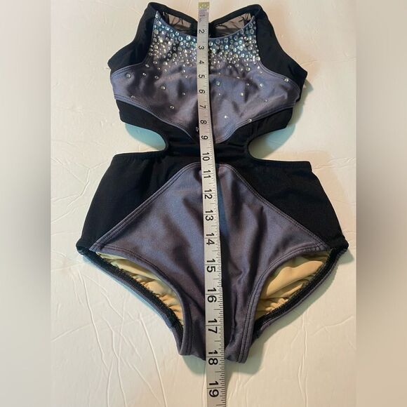 Custom solo dance costume leotard gray rhinestoned MC-Medium child - Picture 9 of 12